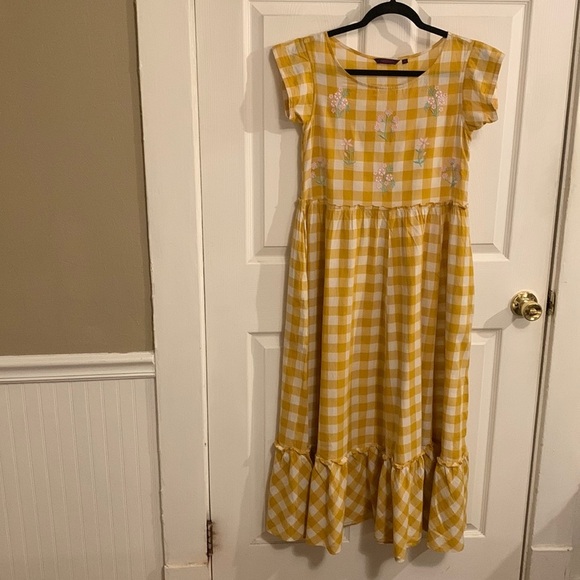 SRISHI Mustard and White Gingham Floral Short Sleeve Cottage Core Maxi Dress - Picture 1 of 16